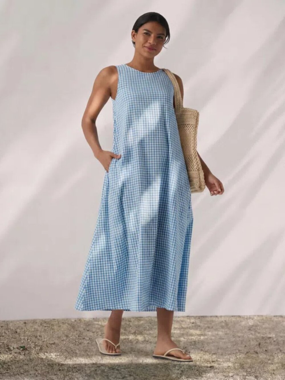 Halara Tank Dress Round Neck Sleeveless Midi Crinkle Gingham Plaid Blue NWT XL
